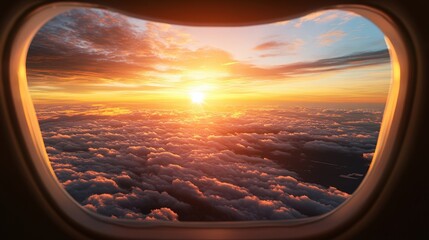 Fototapeta premium A Breathtaking Sunset as Seen from an Airplane Window with Vibrant Sky Colors Above Fluffy Clouds in an Expansive Horizon at Dusk Time