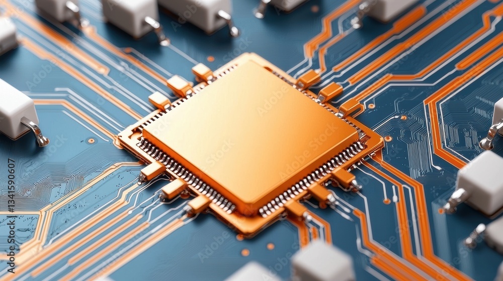 Aufkleber Close-up view of a computer chip nestled among intricate circuitry, showcasing modern technology in vibrant colors.