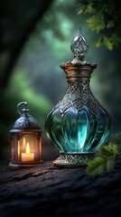 Beautiful vintage glass perfume bottle next to an ornate lantern with candlelight in a tranquil forest setting during twilight
