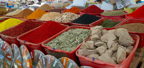 different kinds of Central Asia seasoning powders are on sale in Siyob bazaar or so called Siab bazaar is the biggest bazaar in Samarkand.
