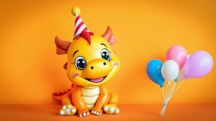 Fototapeta premium Cute Cartoon Dragon Character with Party Hat and Colorful Balloons on Orange Background
