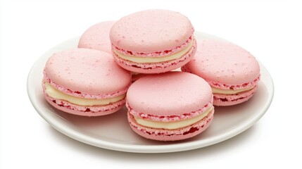 Obraz premium Plate of pink macaroons isolated on white background. Macaroons background. Famous French dessert
