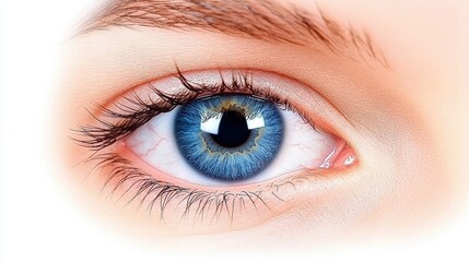 Obraz premium Close-up view of a human eye showcasing vibrant blue iris details and natural eyelashes.
