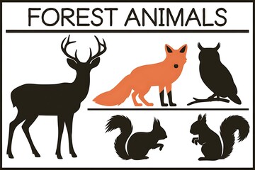 Naklejka premium Simple silhouettes of forest animals a deer, fox orange, owl, and two squirrels. Black and white graphic design. Educational nature chart.