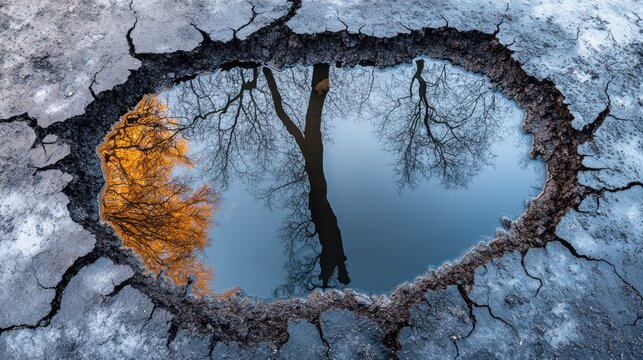 Cracked Earth Puddle Reflecting Trees - Powered by Adobe
