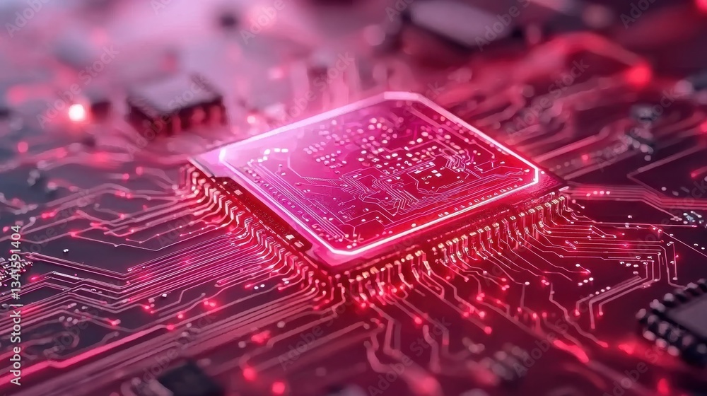 Poster close-up view of a modern microchip on a circuit board glowing with vibrant colors, showcasing advan