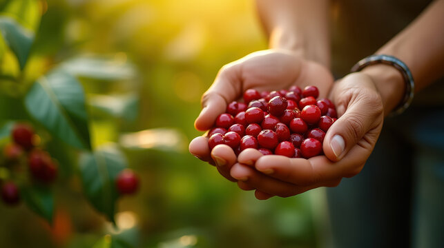Close-up of hands gently holding freshly harvested coffee cherries in warm sunlight. For food packaging, advertising, branding, editorial, and environmental campaigns.
