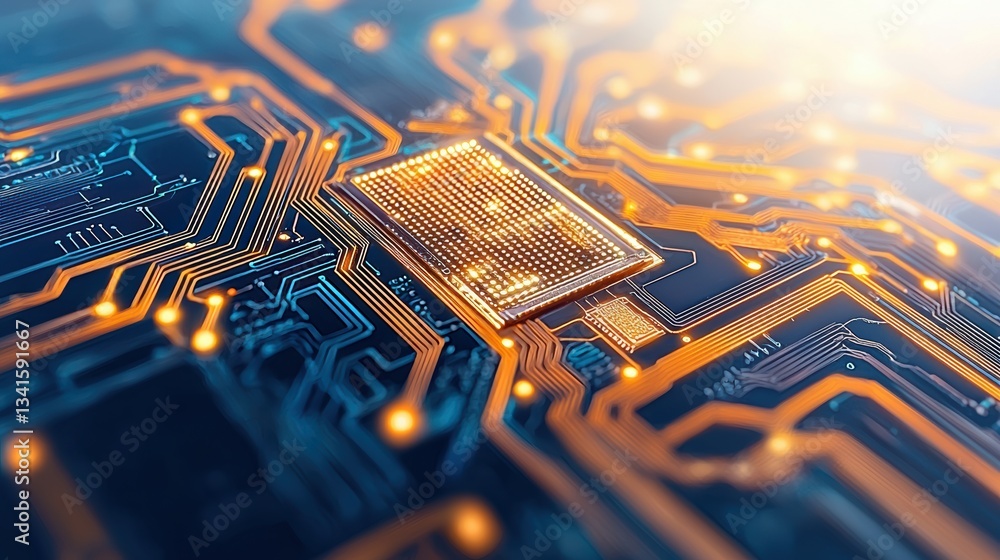 Poster Close-up view of a modern microprocessor with intricate circuit patterns, showcasing advanced technology and innovation.