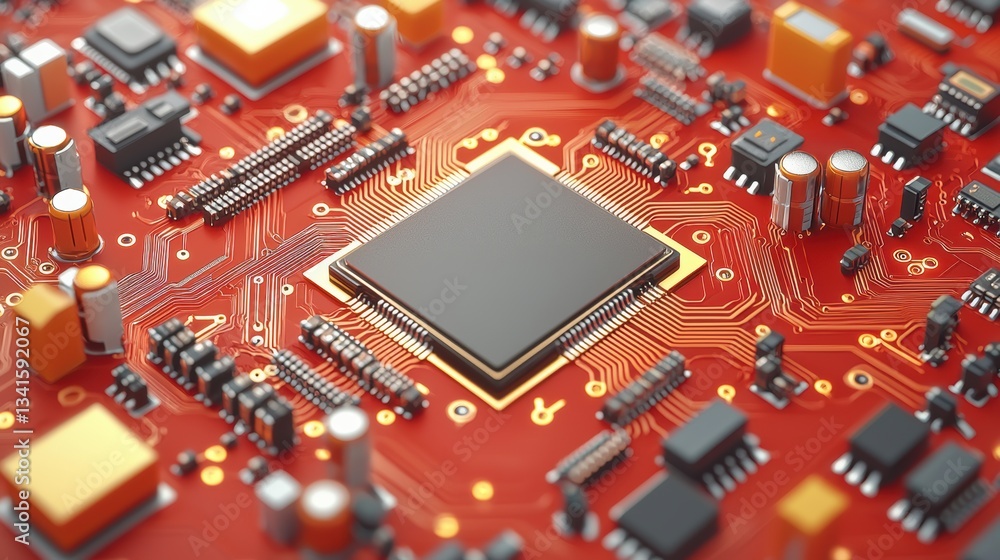 Poster Close-up view of a vibrant red circuit board featuring a central processing unit with intricate electronic components.