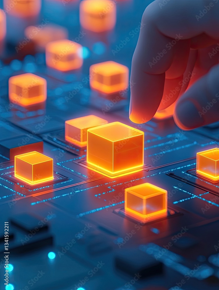 Aufkleber glowing orange cubes on digital circuit board with a hand manipulating a central cube in futuristic 