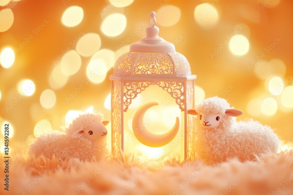 Poster cozy decorative scene with plush sheep and lantern under warm glowing bokeh background