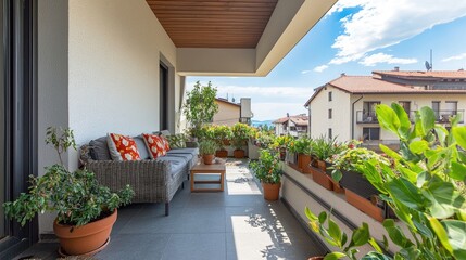 A cozy balcony with plants and a small seating area