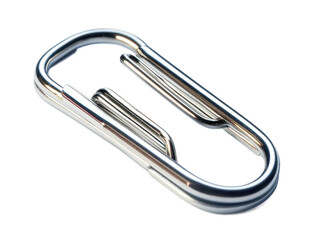 Close-up of a shiny stainless steel paperclip isolated on a white background, emphasizing the sleek design and functional features of office supplies and stationery