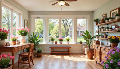Fototapeta premium Colorful flower shop interior filled with greenery, spring ambiance