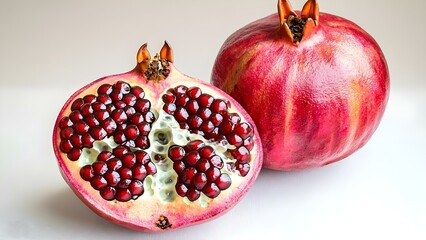A sliced pomegranate revealing its bright red seeds, alongside a whole pomegranate with a pinkish-red skin. Concept Pomegranate Close-Up, Vibrant Seeds, Fruit Slice Photography, Whole Fruit Display
