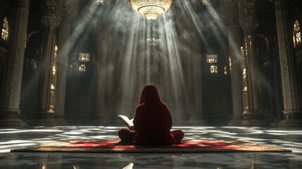 Fototapeta premium Serene Inner Peace in Sacred Space with Meditating Figure and Divine Light Streaming Through Architecture