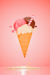 3d illustration ice cream cone melting