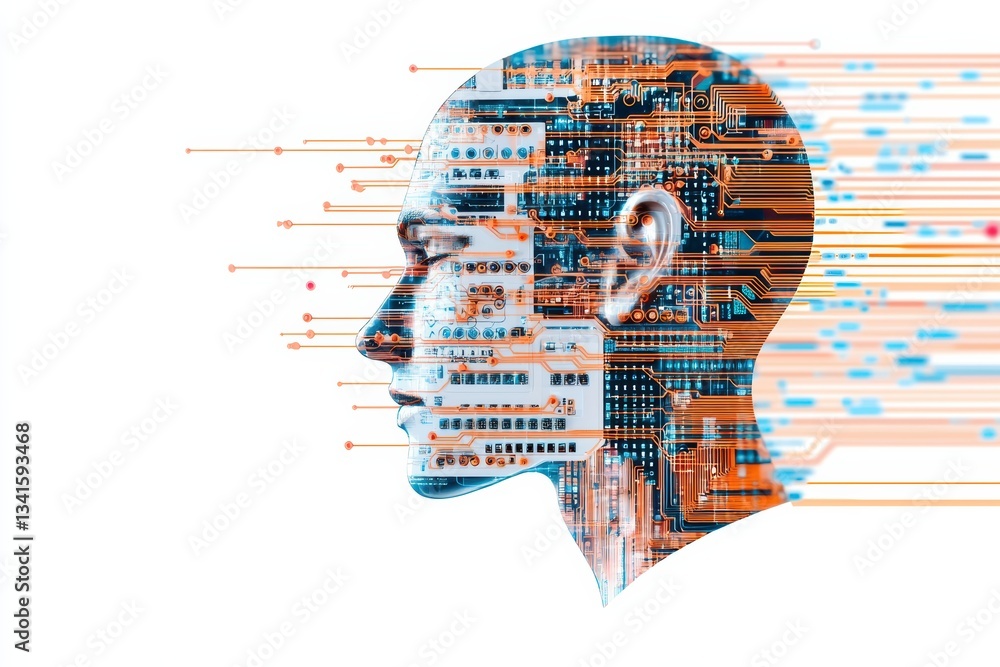 Poster Digital representation of a human head merging with circuit patterns to symbolize artificial intelligence and innovation.