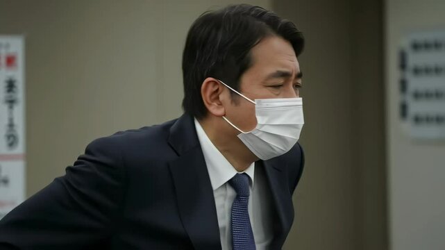 マスクをした中堅ビジネスマンが風邪をひいて会社内で咳をしている