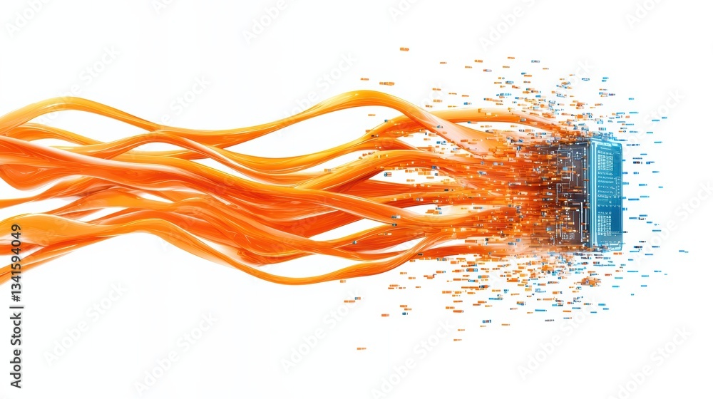 Poster dynamic illustration of data flow with vibrant orange cables and particles, symbolizing network conn
