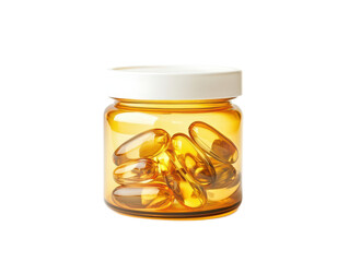 Amber glass jar filled with transparent capsules isolated on white background, showcasing dietary supplements and wellness products for health enthusiasts