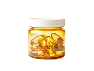 Amber glass jar filled with transparent capsules isolated on white background, showcasing dietary supplements and wellness products for health enthusiasts
