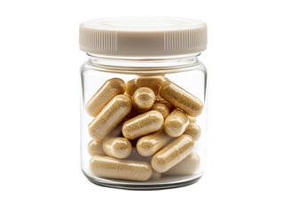 Clear glass jar filled with golden capsules showcasing dietary supplements for health and wellness in a modern and attractive setting