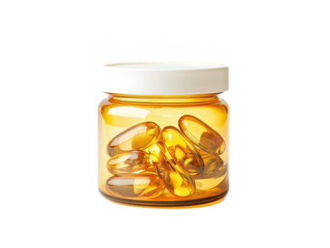 Amber glass jar filled with transparent capsules isolated on white background, showcasing dietary supplements and wellness products for health enthusiasts