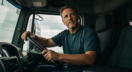 Man driving truck looking away. Professional trucker occupation concept. Transportation and logistics. Suitable for advertising, banner, poster, web banner.