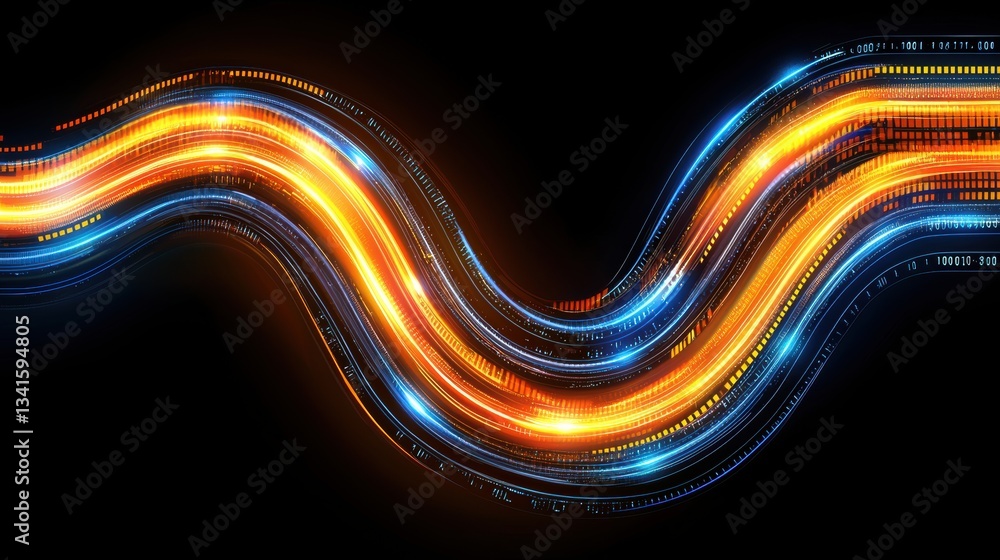 Poster dynamic waves of glowing light, merging blue and orange tones, symbolize advanced technology and inn