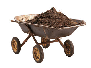 Vintage wheelbarrow filled with rich dark soil, perfect for gardening projects and landscaping enhancing outdoor spaces and agricultural needs, isolated on white background.