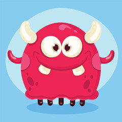 Red cheerful kind cartoon monster with horns. Vector illustration
