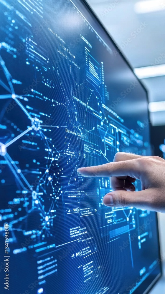 Poster human interaction with futuristic data visualization on a screen