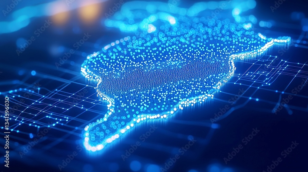 Poster futuristic uae map visualization, illuminated blue data nodes and network lines, set against a sleek