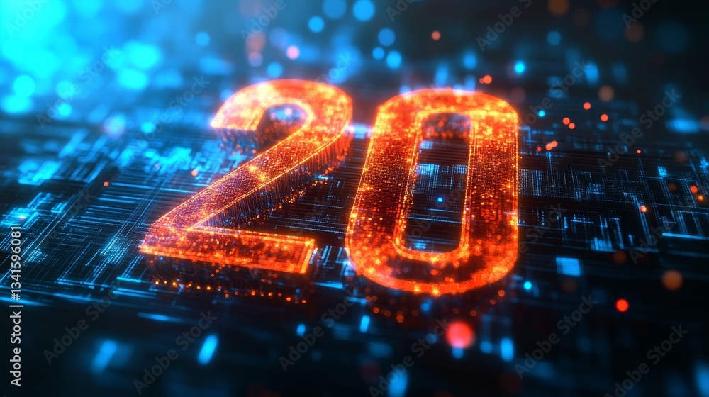 Poster glowing digital number 20 on circuit board background futuristic technology concept