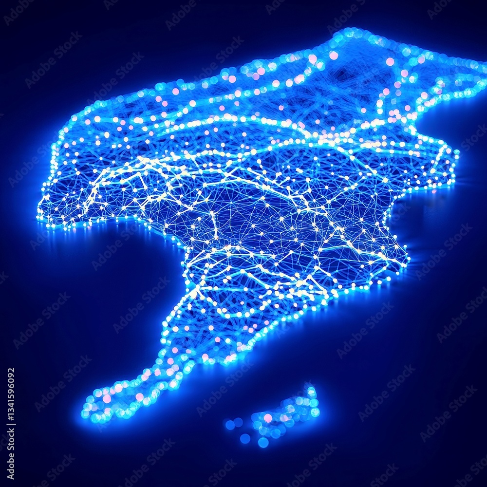 Poster futuristic uae map visualization, illuminated blue data nodes and network lines form the outline of 