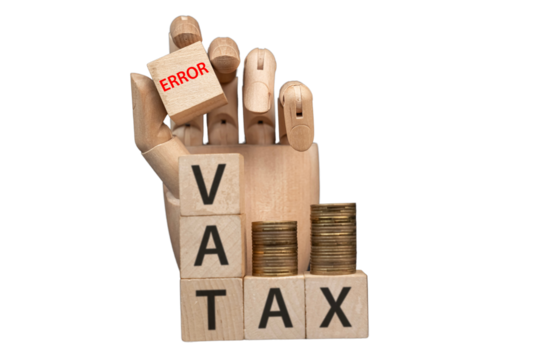 sztuczna dłoń układająca napisy dotyczące finansów: VAT, TAX, 