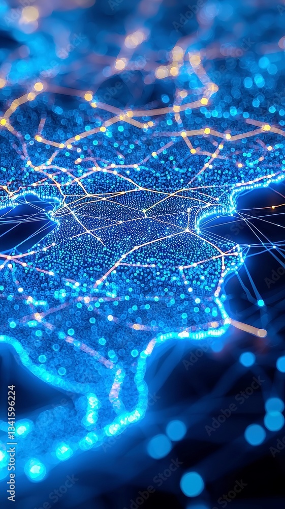 Poster futuristic uae map visualization, illuminated blue data nodes and network lines create a striking ou
