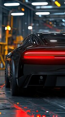 Sleek black sports car in a modern workshop during evening hours showcasing advanced technology and craftsmanship