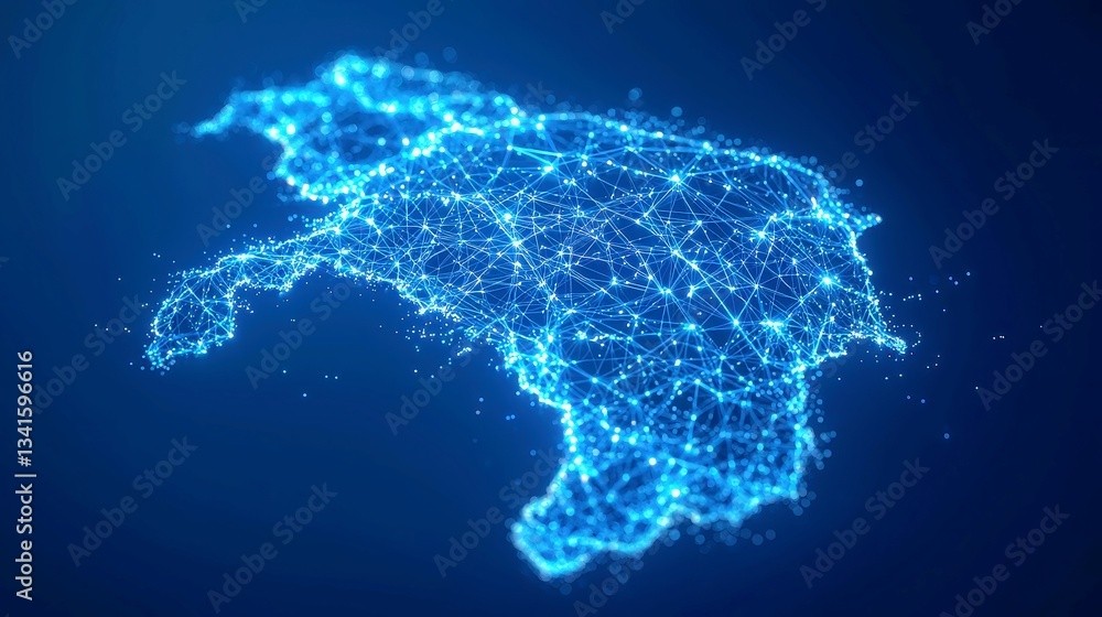 Poster futuristic map of norway with glowing blue nodes and digital network streams on a deep blue backgrou