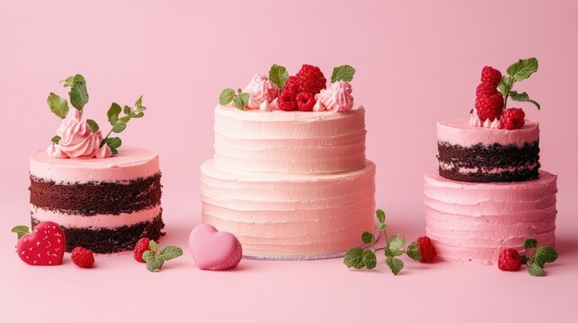 Three pink raspberry cakes one two-tiered cake two small cakes arranged on a pink background with mint sprigs and macarons for decoration and joy