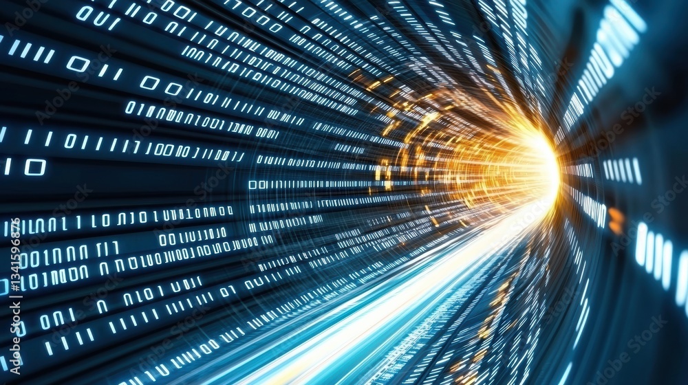 Poster futuristic digital tunnel with binary code and vibrant light, illustrating high-speed data transmiss