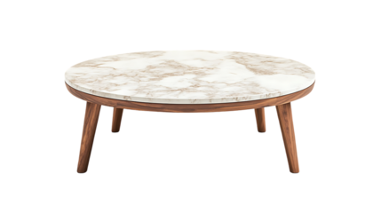 A studio shot shows a round coffee table with a marble top and a wooden base.