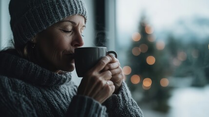 Everyday looking 50 year old mother taking a sip of hot coffee or tea, slow vibes, christmas tree in the background, enjoying morning routine, knitted sweater and beanie