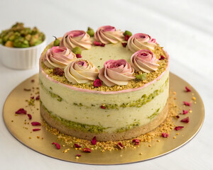 A rose pistachio cake on golden cake