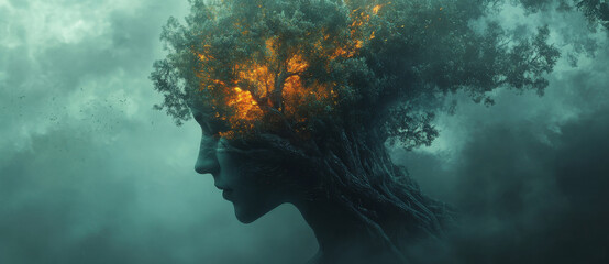 surreal portrait of woman with tree growing from her head, symbolizing nature and transformation. scene is mystical, with blend of dark and vibrant colors, evoking sense of wonder