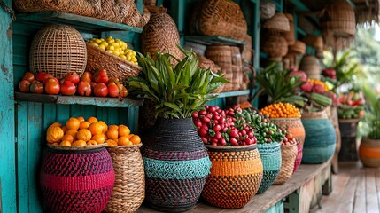 Colorful marketplace in a Torres Strait village showcasing handmade baskets woven mats and fresh tropical fruits bustling with community life captured with prime lens