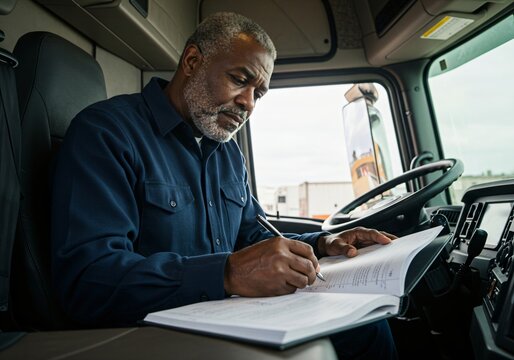 African American senior man driver filling out logbook in truck cabin. Transportation and delivery professional. For commercial use, banner, poster and advertising