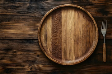 Rustic wooden plate and fork on dark wood table.  Empty space for food presentation