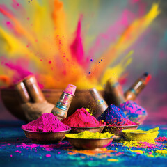 holi colors in bowl with color splash